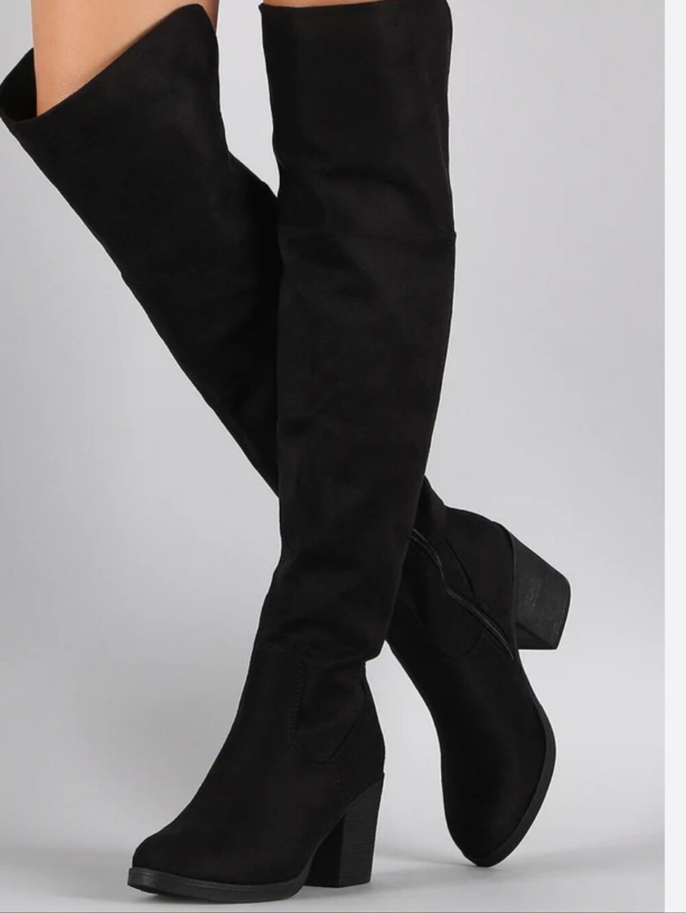 BAMBOO Black Suede Over-the-Knee Folded Cuff Chunky Heel Boots
